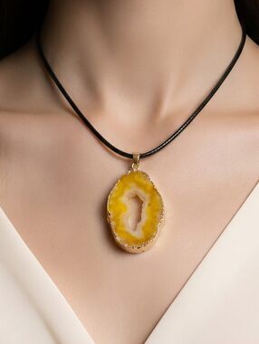 Yellow Druzy Agate Teardrop Necklace Geode Slice Gold Edge Pendant Rock Crystal